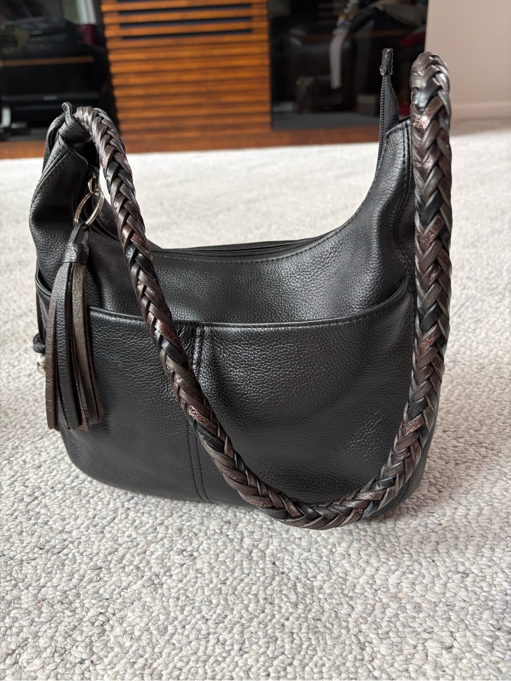 Brighton Classic Black Leather Shoulder Bag with Braided Strap